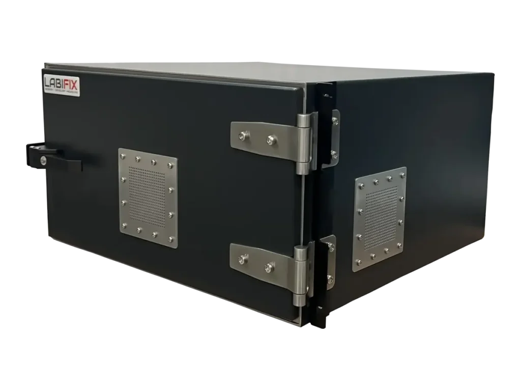 front-left view of LBX2500 rackmount electromagnetic shielding box in complex test system