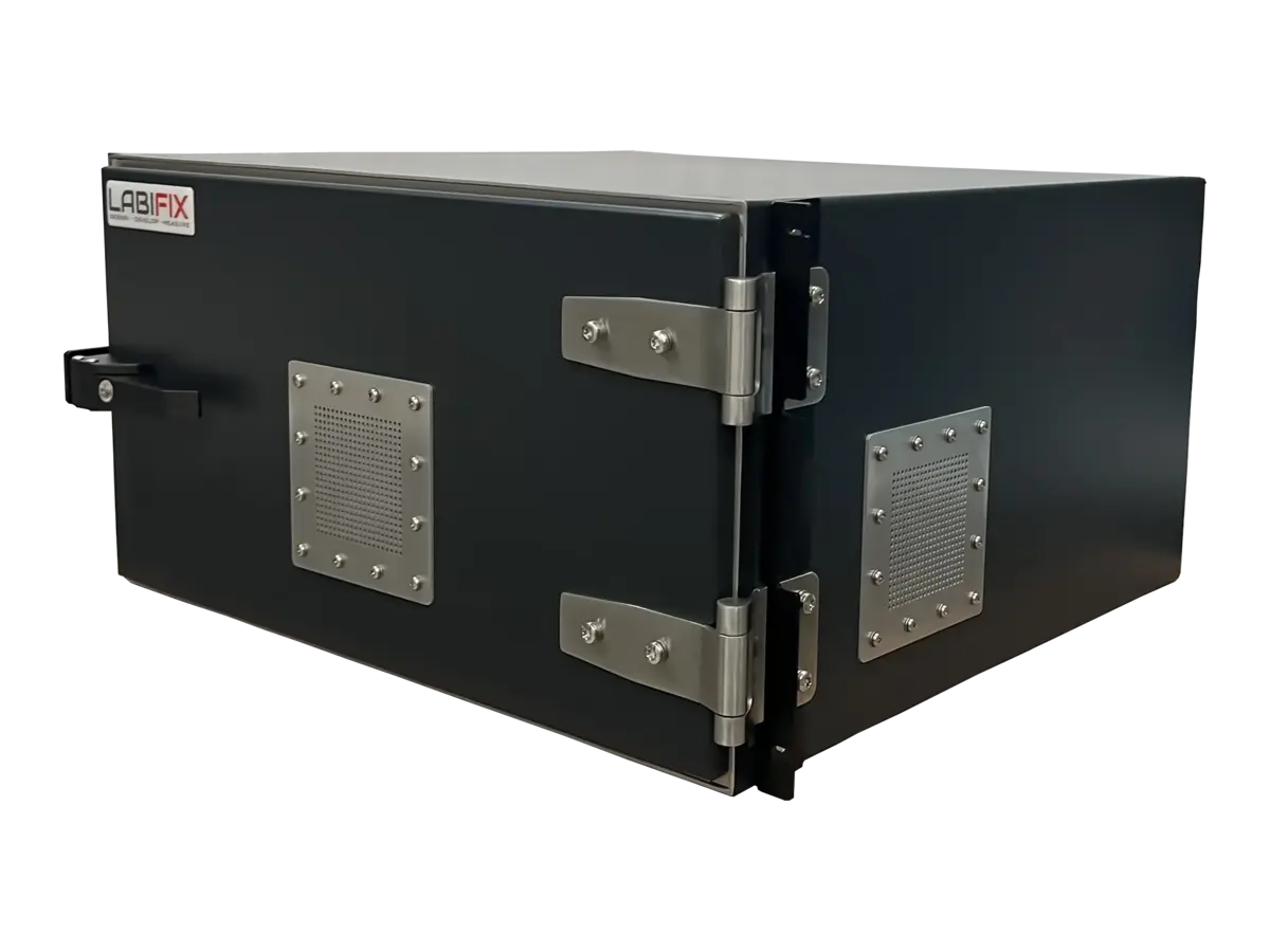 front-left view of LBX2500 rackmount electromagnetic shielding box in complex test system