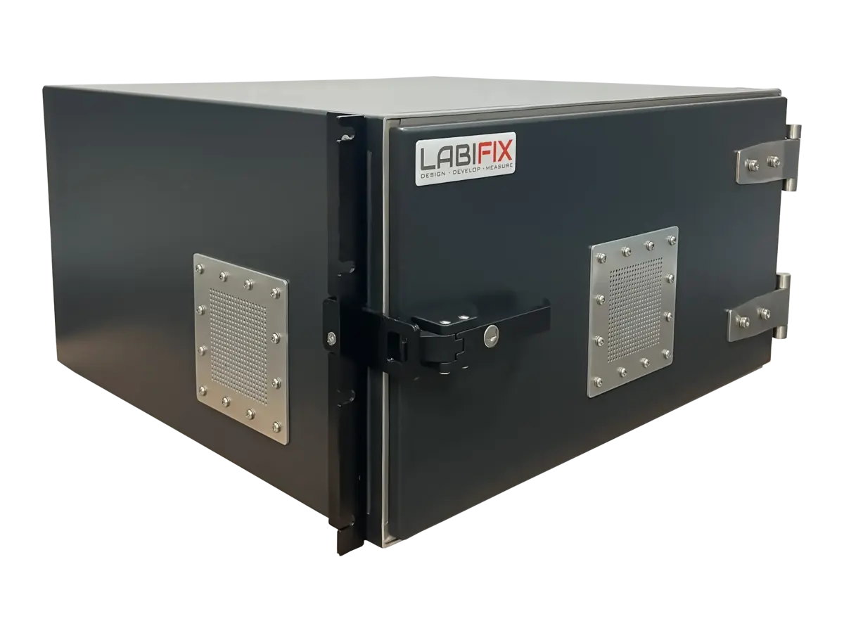 LBX2500 electromagnetic shielding box front-right view in multi device testing environment