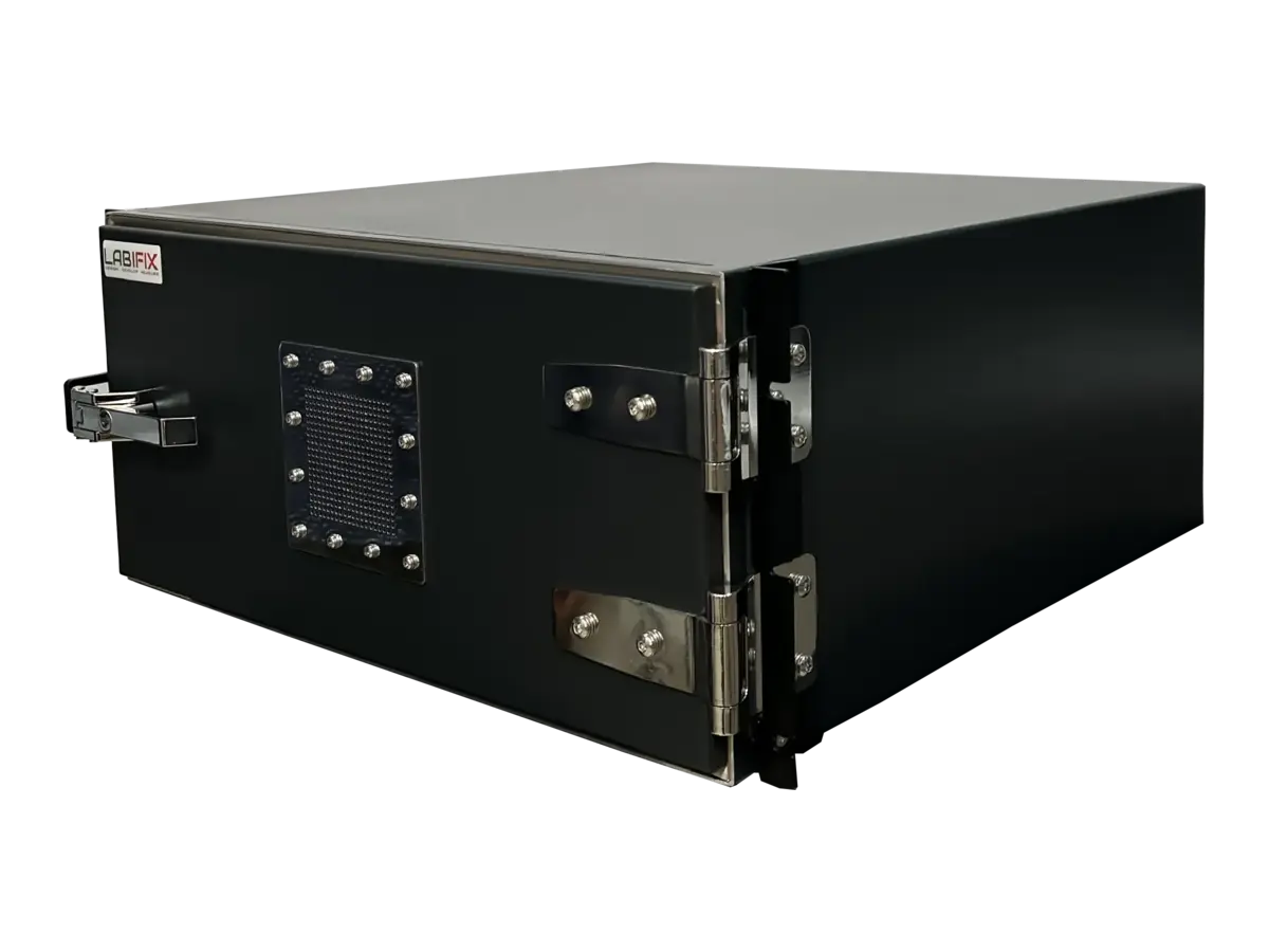 front-left view of LBX2200 rackmount emc shielded enclosure in pre compliance testing setup