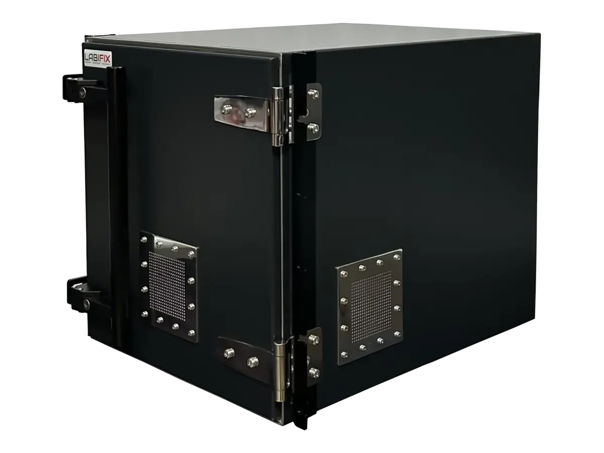 front-left view of LBX4021 rackmount emc shielded enclosure in pre compliance testing environment