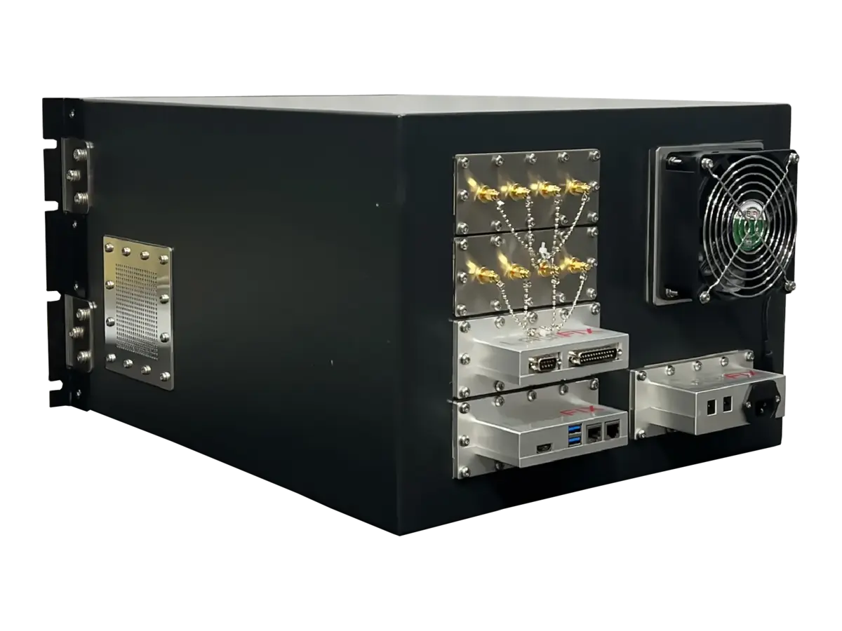 LBX2010 emi shield box rear-left view in compliance testing laboratory setup