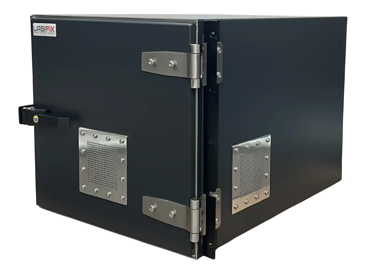 front-left view of LBX4000 rackmount emi shield box in precision interference testing setup