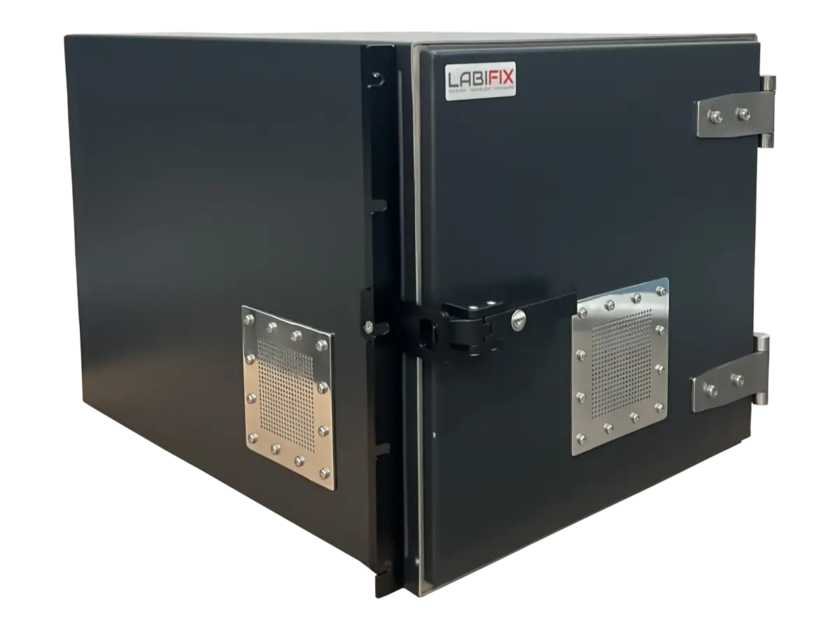 LBX4000 emi shield enclosure front-right view in high reliability validation system