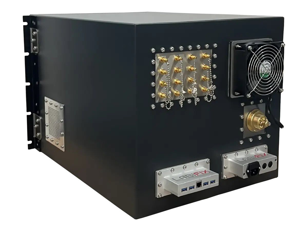 LBX4000 emi shield box rear-left view in aerospace and defense validation setup