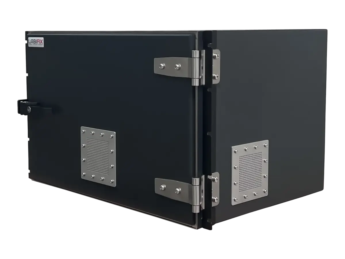 front-left view of LBX4800 rackmount emi shield box for signal stability testing