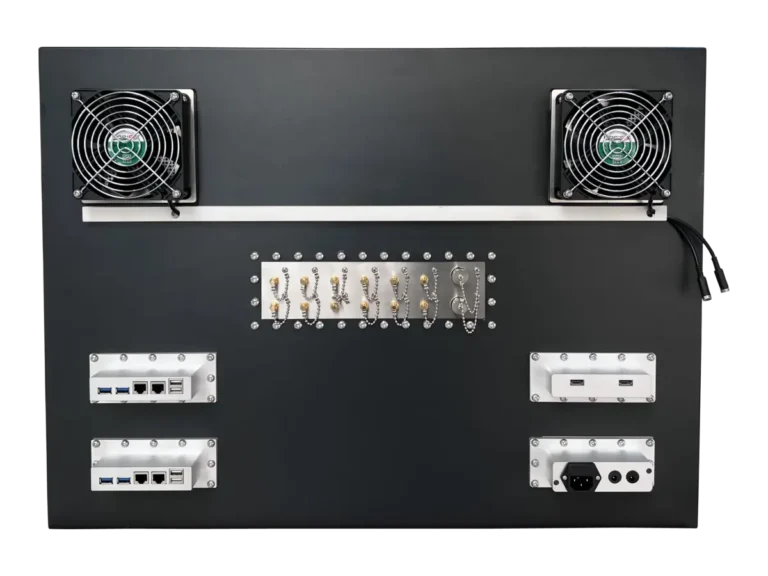 rear view of LBX5700 benchtop rf enclosure box with integrated rf and control interfaces