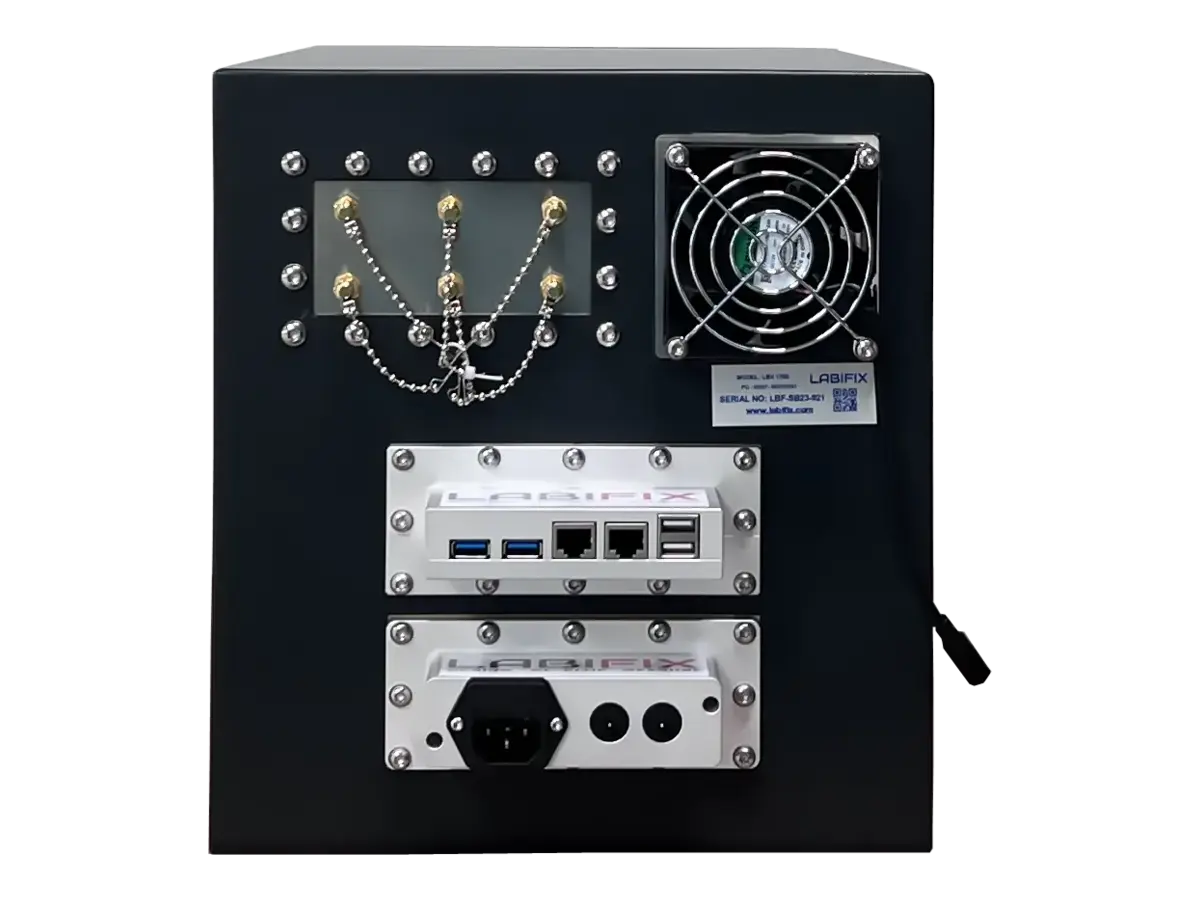LBX1750 portable Faraday enclosure rear panel with rf interfaces for emc testing