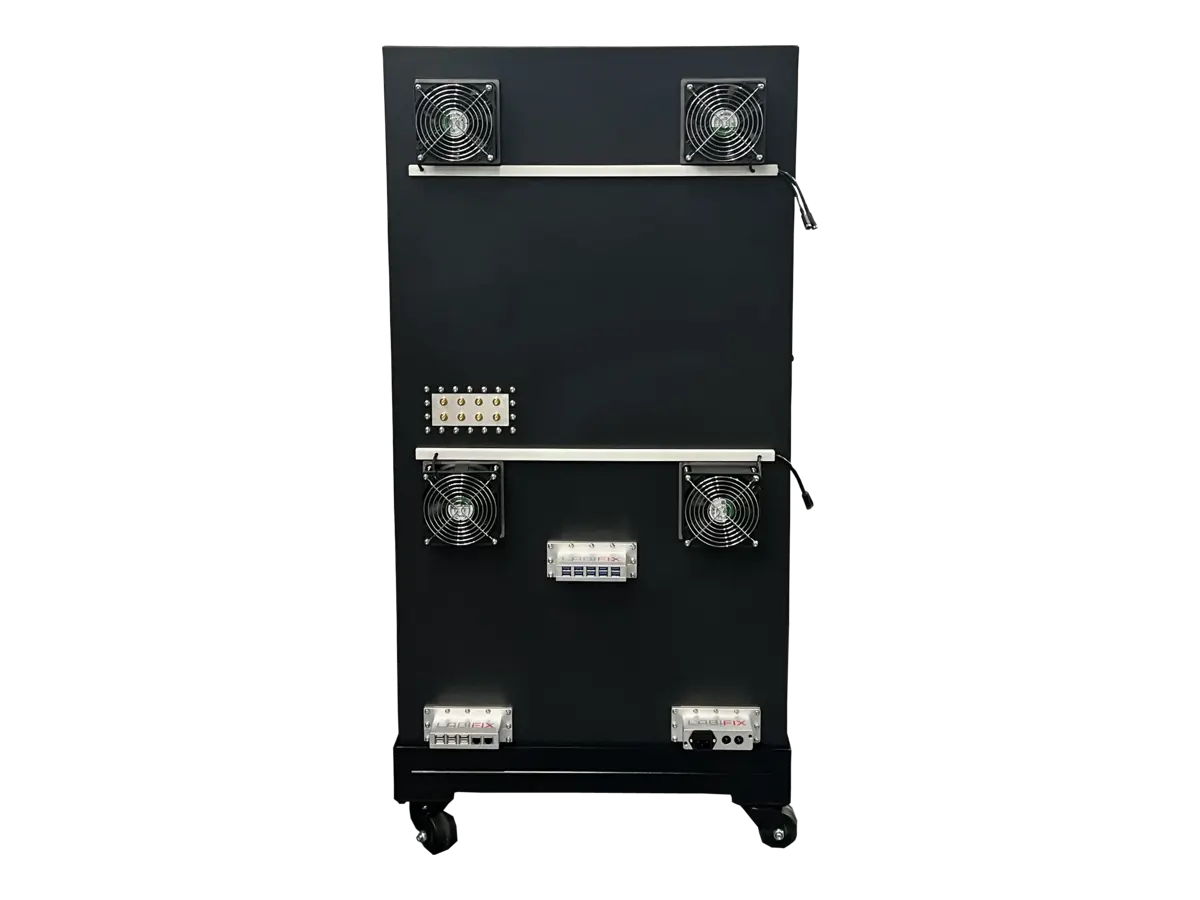 rear view of LBX7600 standalone RF anechoic chamber with industrial controls and RF interfaces