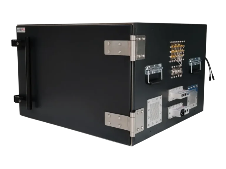 front-left view of LBX5500 benchtop rf electronics enclosure for embedded communications hardware testing