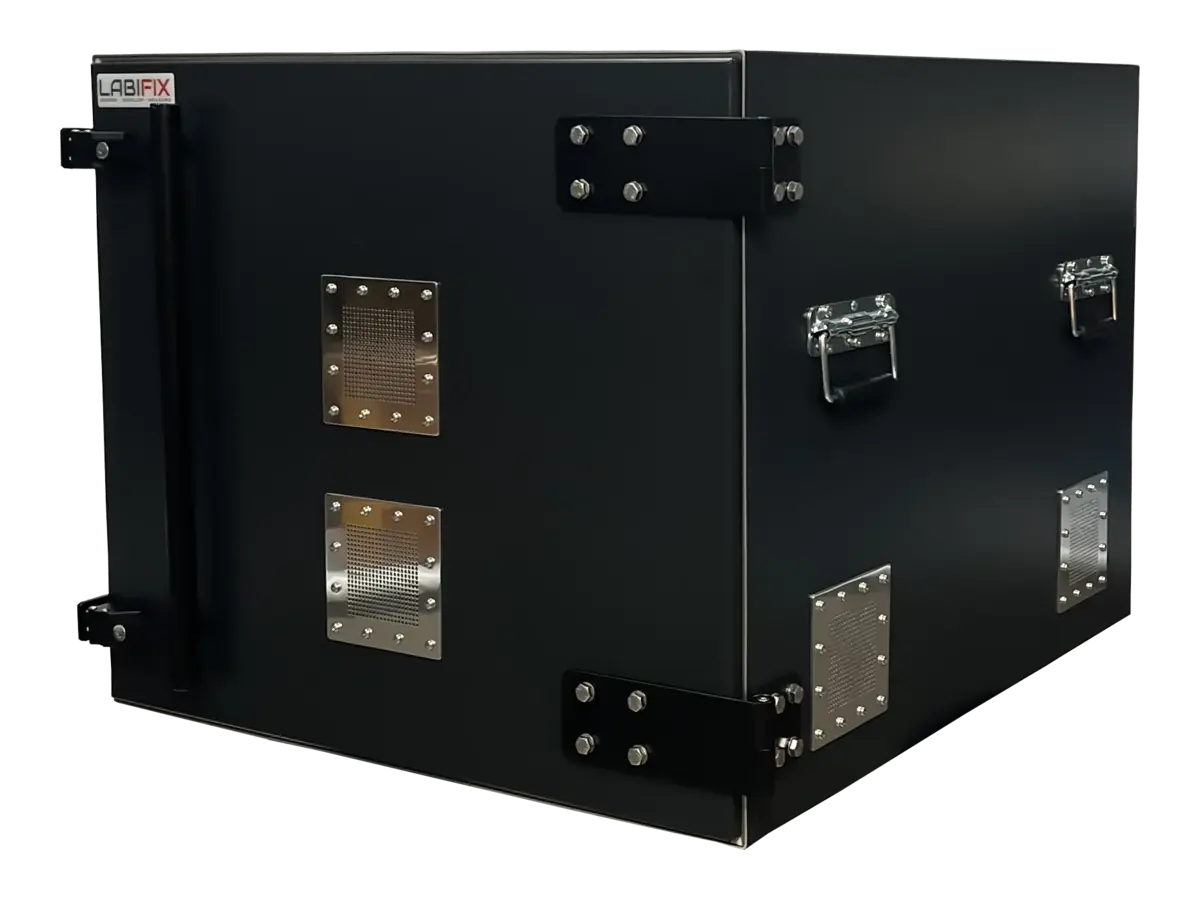 front-left view of LBX6050 benchtop rf electronics enclosure for secure infrastructure hardware testing