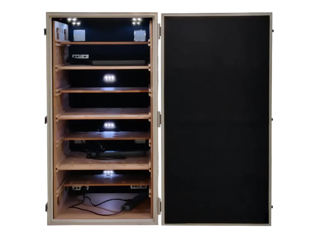 rear view of LBX7100 RF electronics enclosure with RF connectors and instrumentation ports
