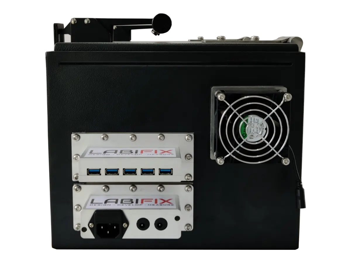 rear view of LBX3040 benchtop rf enclosure with rf connectors and control interfaces
