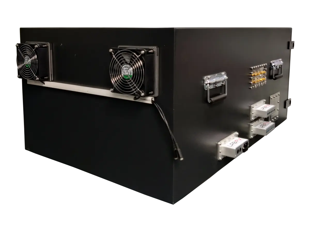 rear view of LBX4750 benchtop rf enclosure with rf interfaces and test connectivity