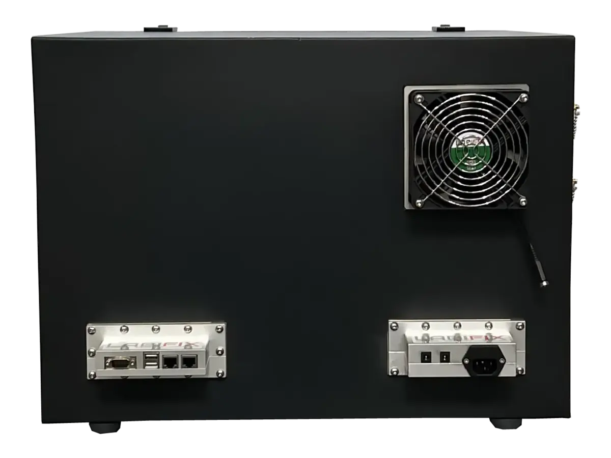 rear view of LBX3200 benchtop rf isolation box with rf ports and control panel