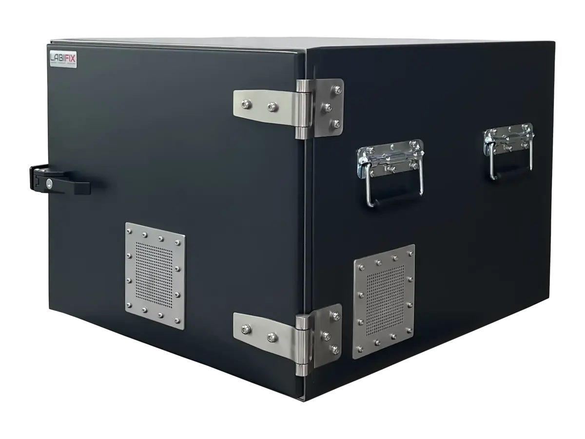 front-left view of LBX4900 benchtop rf enclosure box for wireless design validation
