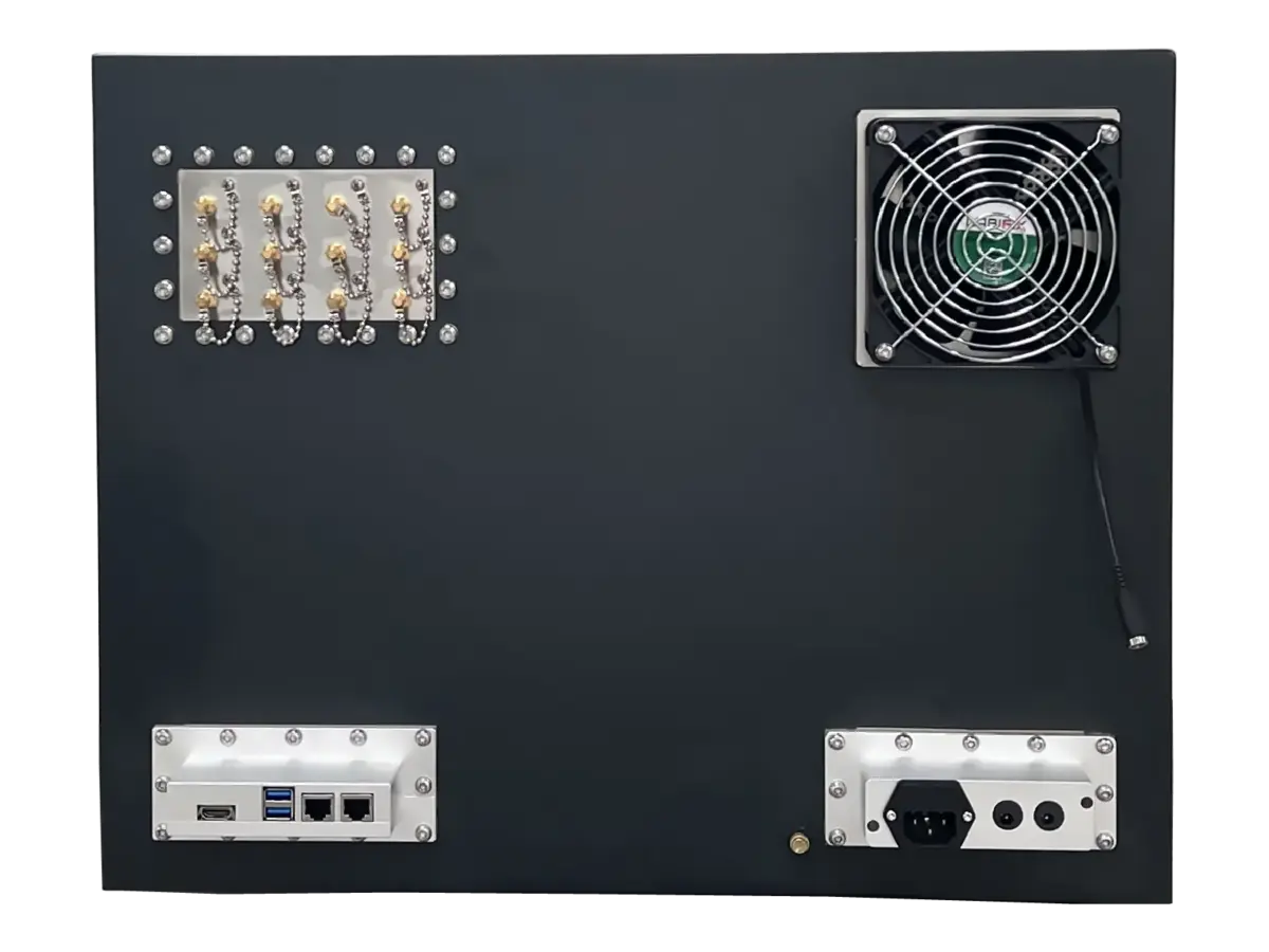 rear view of LBX4900 benchtop rf isolation box with rf ports and control interfaces