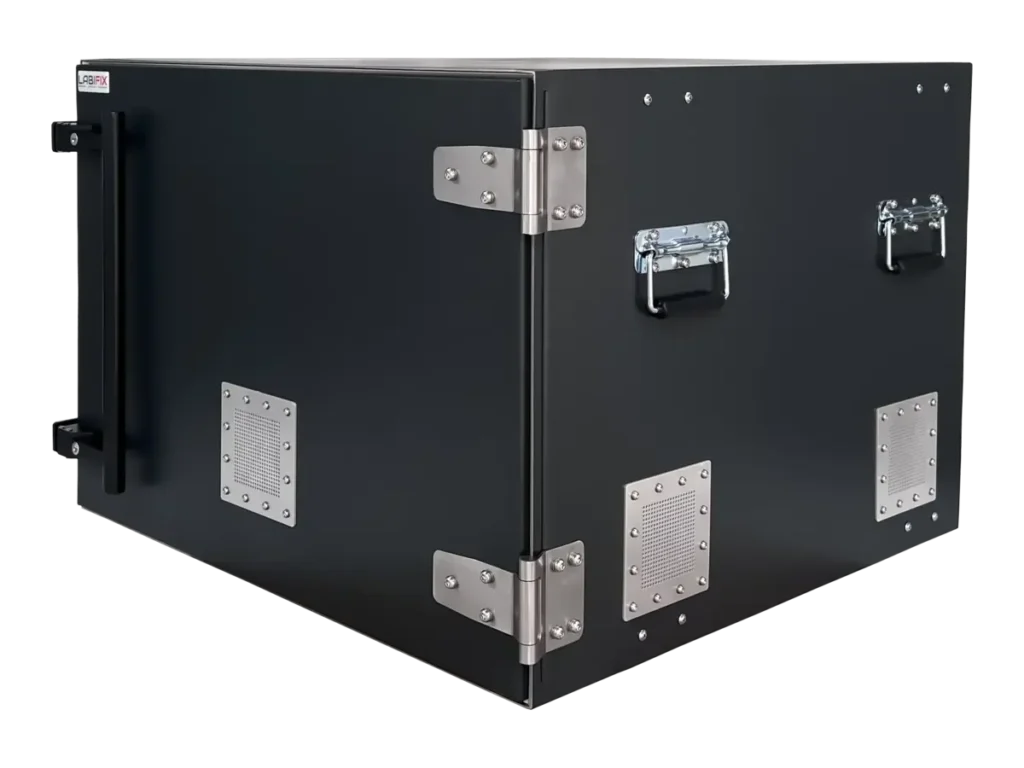 front-left view of LBX5700 benchtop rf enclosure box for telecom hardware testing