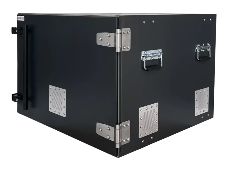 front-left view of LBX5700 benchtop rf enclosure box for telecom hardware testing