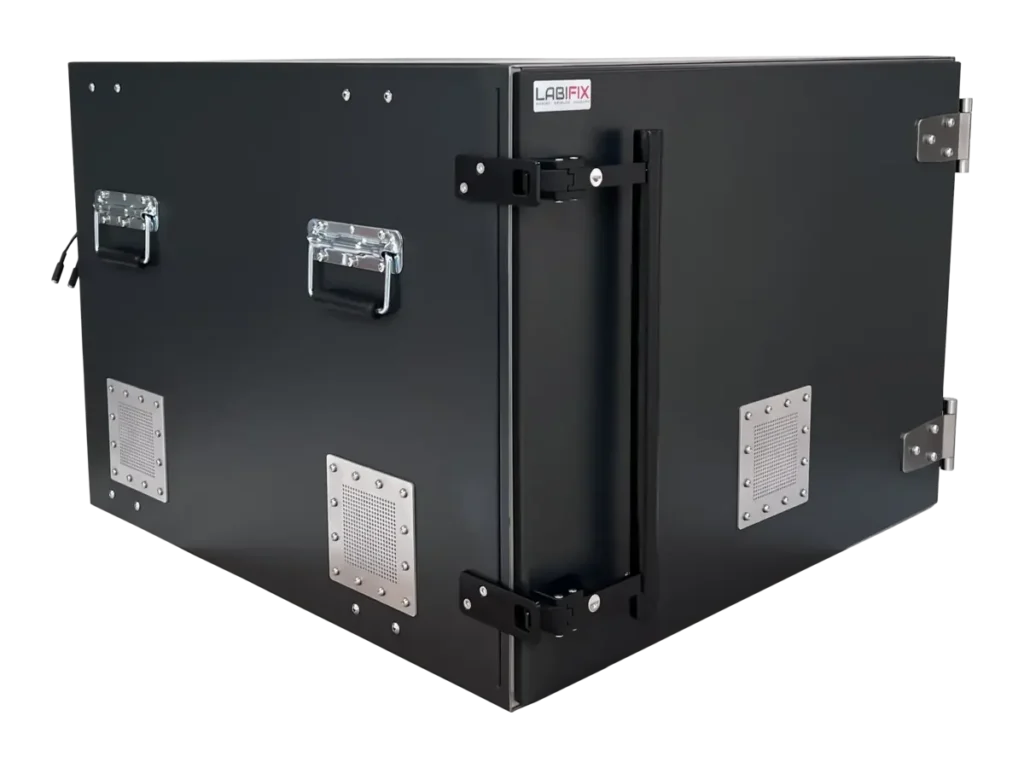 LBX5700 benchtop rf enclosure box front-right view for military radio module validation