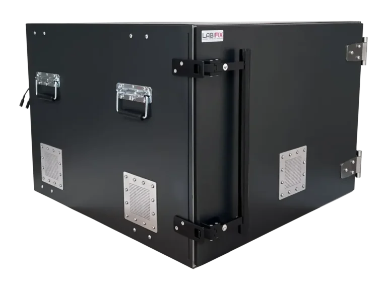LBX5700 benchtop rf enclosure box front-right view for military radio module validation