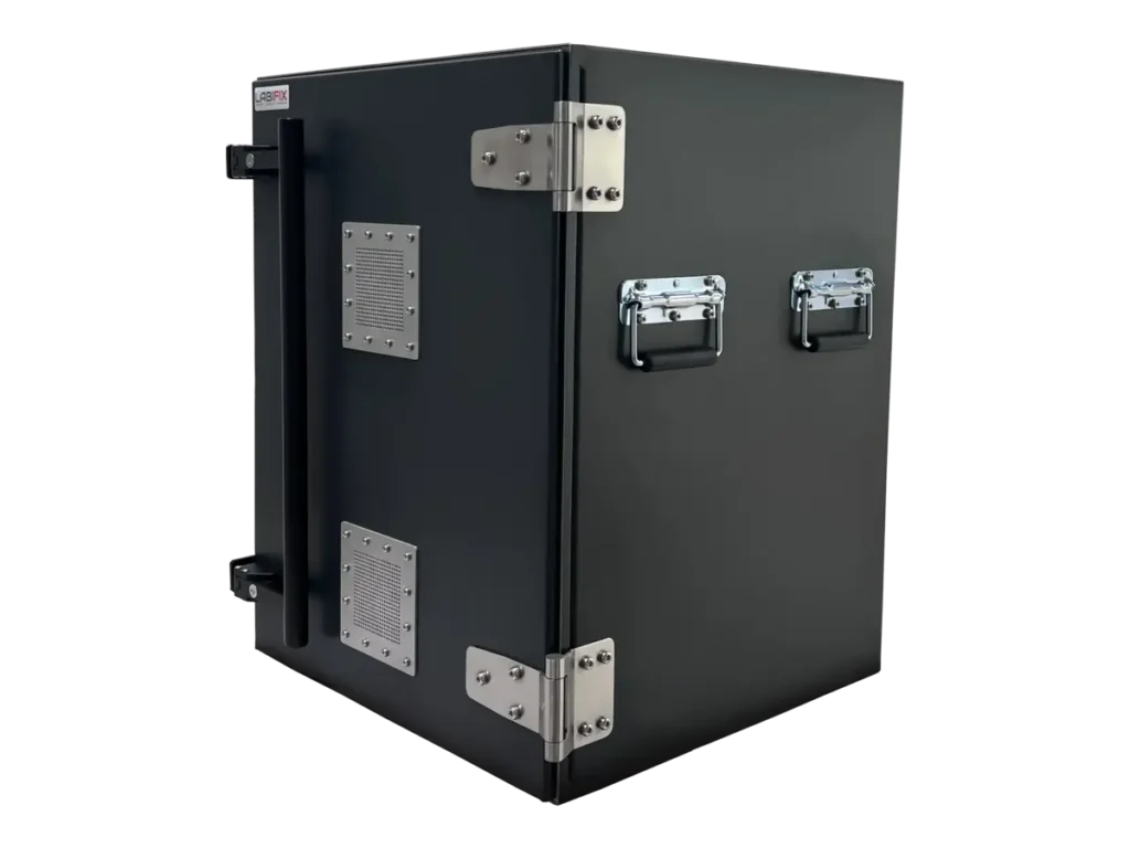 front-left view of LBX6150 benchtop rf enclosure box for telecom subsystem testing
