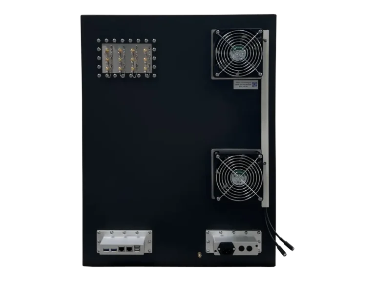 rear view of LBX6150 benchtop rf enclosure box with integrated rf interfaces and control ports