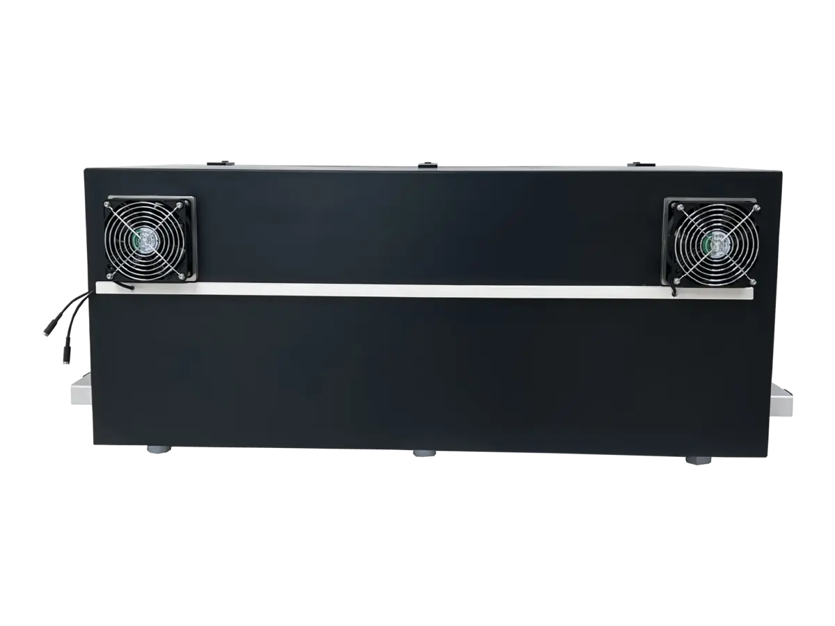 rear view of LBX3700 benchtop rf blocking box with rf connectors and control ports