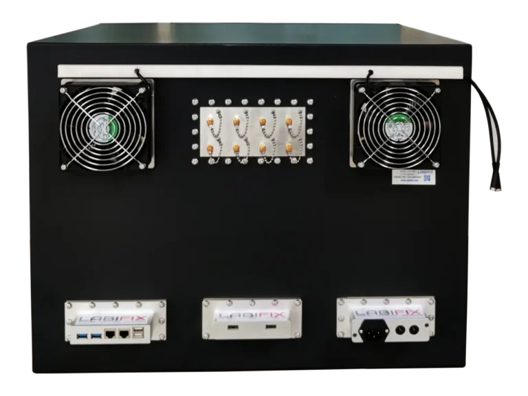 rear view of LBX5050 benchtop rf blocking enclosure with rf connectors and control systems