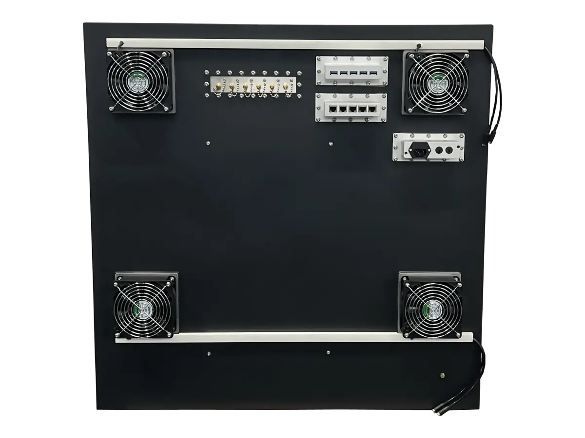 rear view of LBX6800 benchtop RF blocking enclosure with RF interfaces and control ports