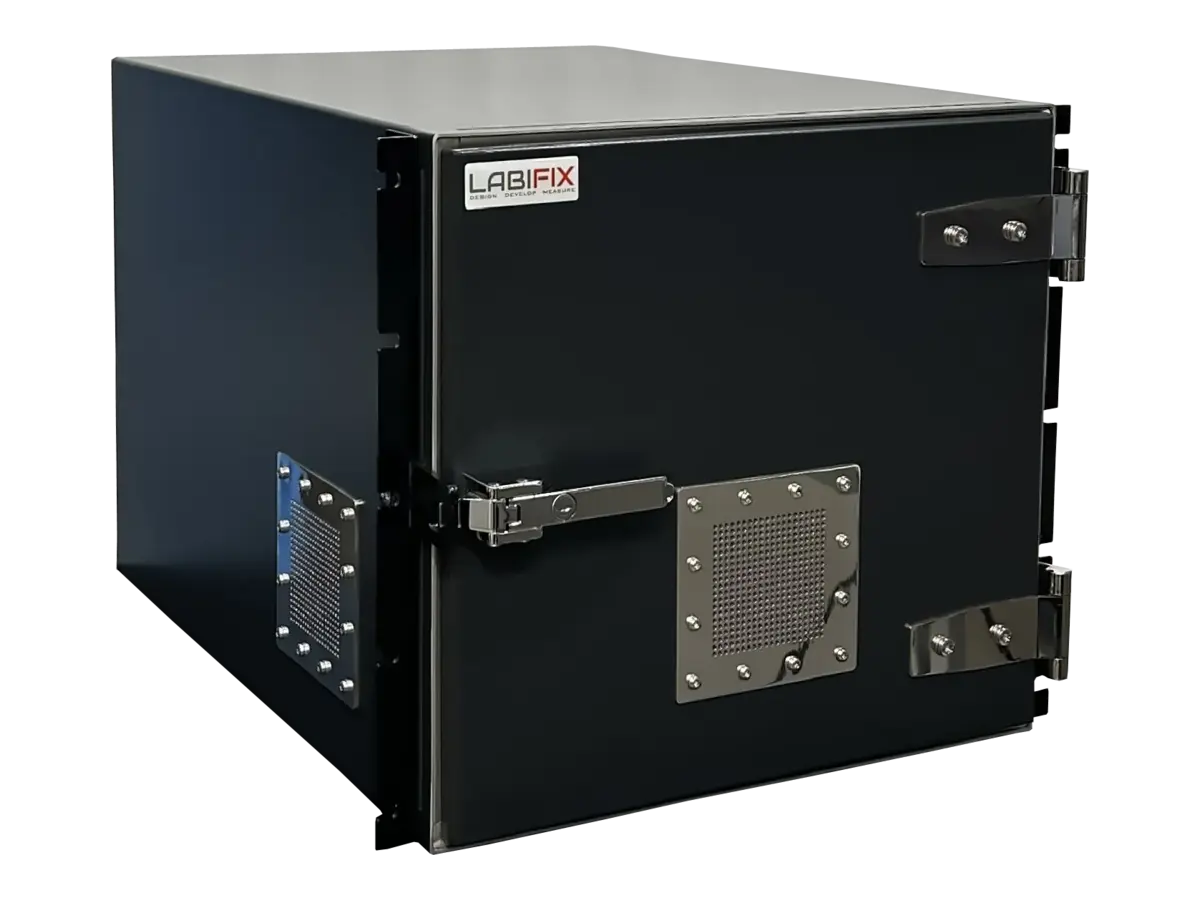 LBX4000A rf shield enclosure front-right view in high reliability wireless validation setup