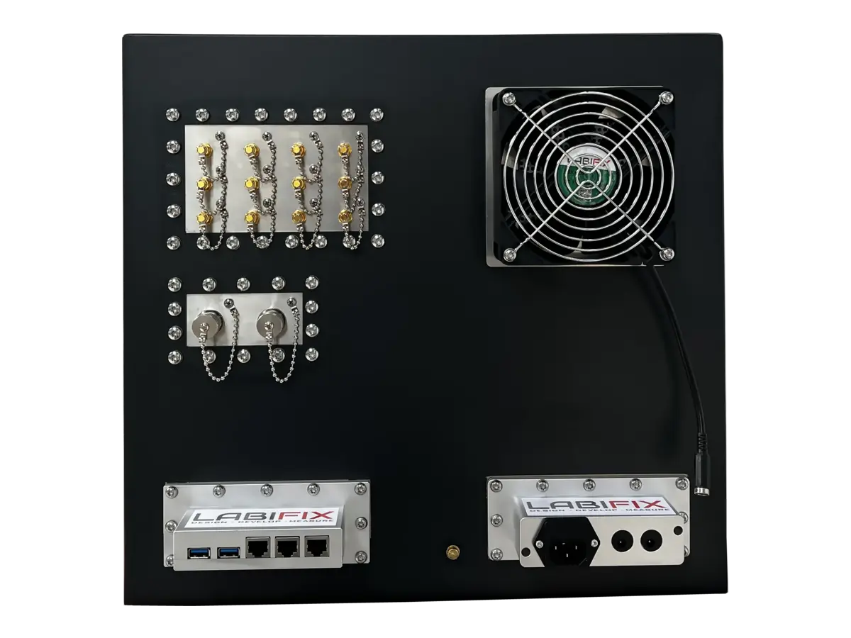 rear view of LBX4070 rackmount rf enclosure with rf ports and control interfaces