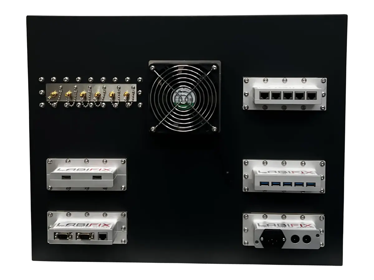 rear view of LBX4950 rackmount rf enclosure with rf ports and control interfaces
