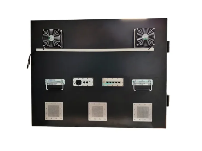 rear view of LBX8000 rackmount rf enclosure with rf ports and control interfaces