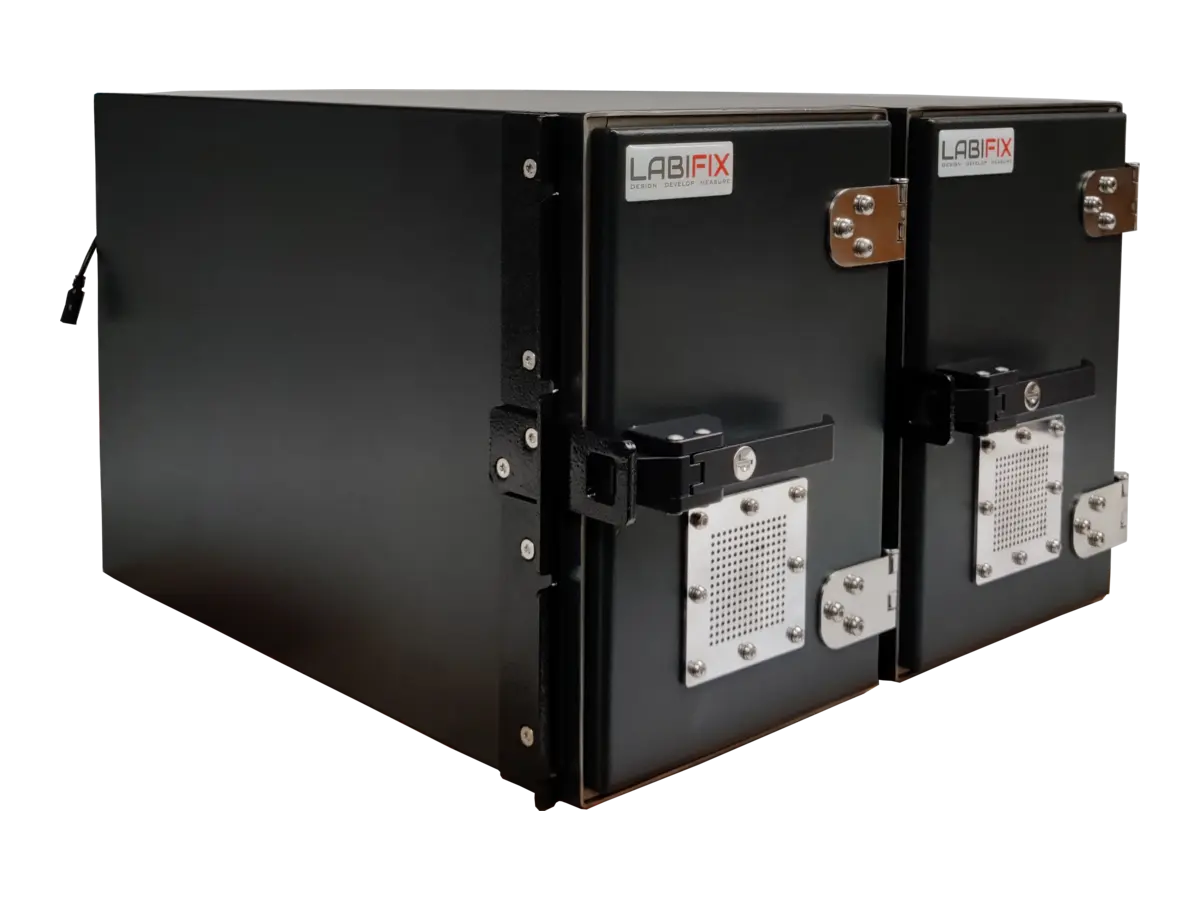 LBXRM1600 rackmount rf shield rack front-right view in high throughput testing line