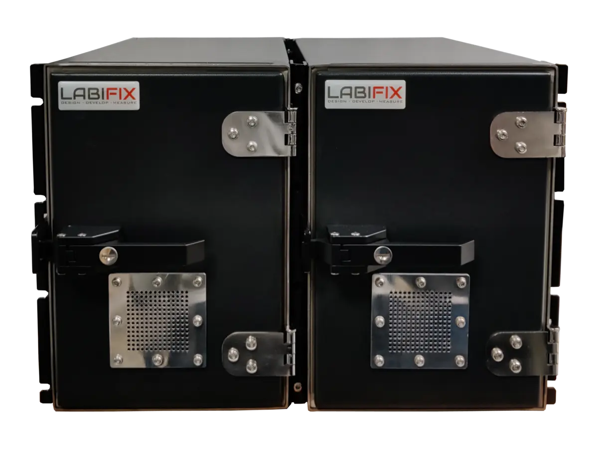 front view of LBXRM1600 rf shield rack for multi device testing in production