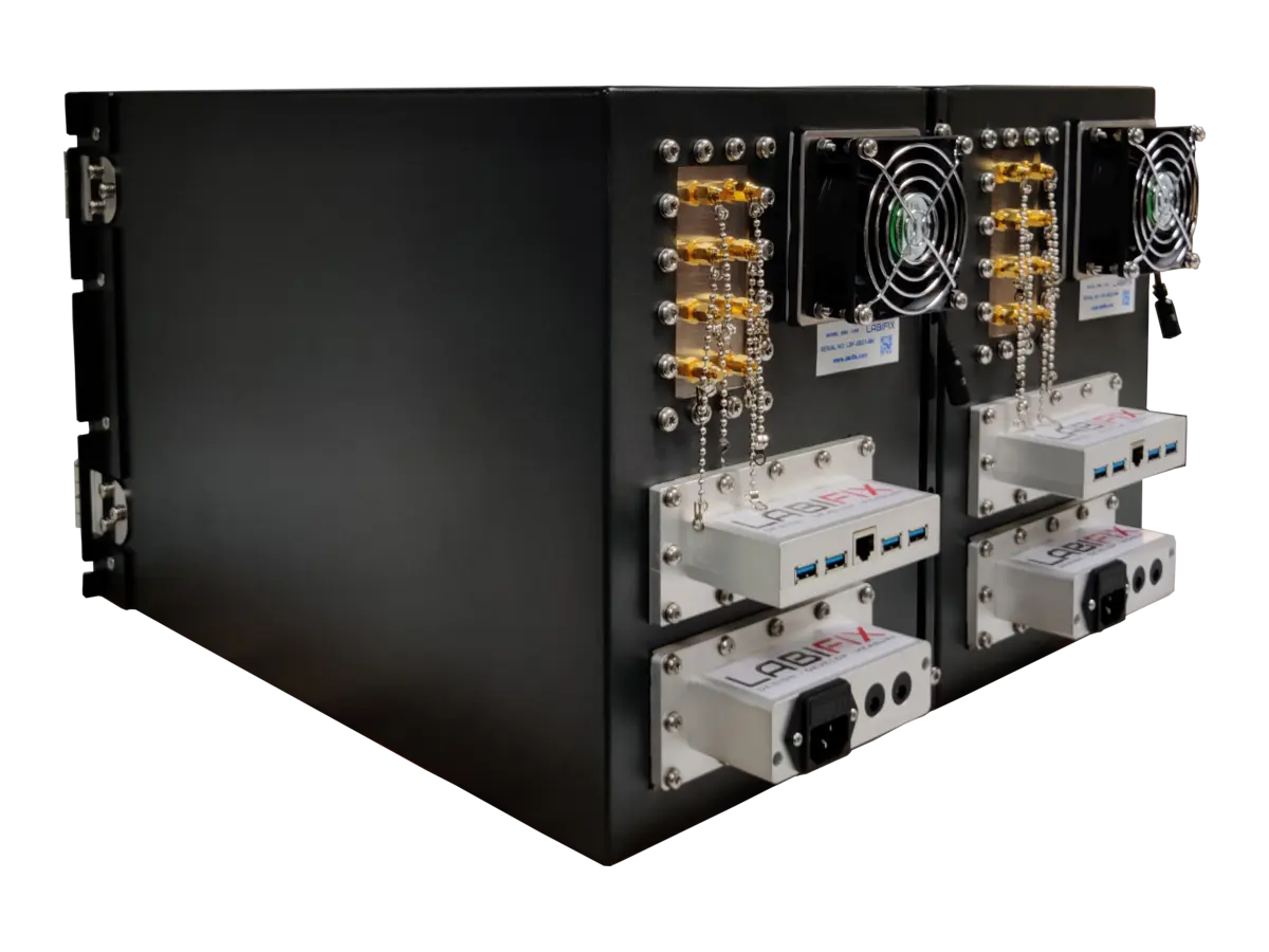 LBXRM1600 rf shield rack rear-left view in telecom device validation setup