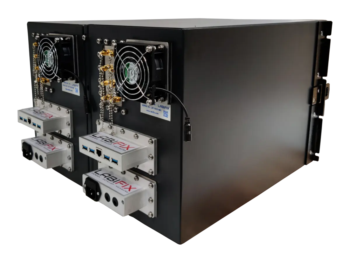 rear-right view of LBXRM1600 rackmount rf shield rack for automated throughput testing
