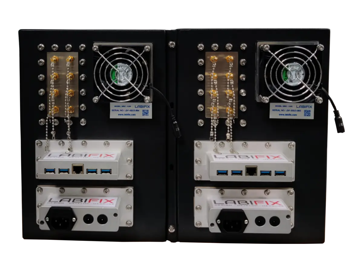 rear view of LBXRM1600 rf shield rack with integrated rf and control interfaces