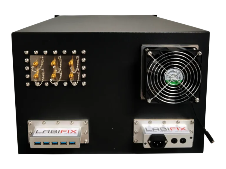 rear view of LBX2040 rackmount rf shield rack with rf connectivity and control systems