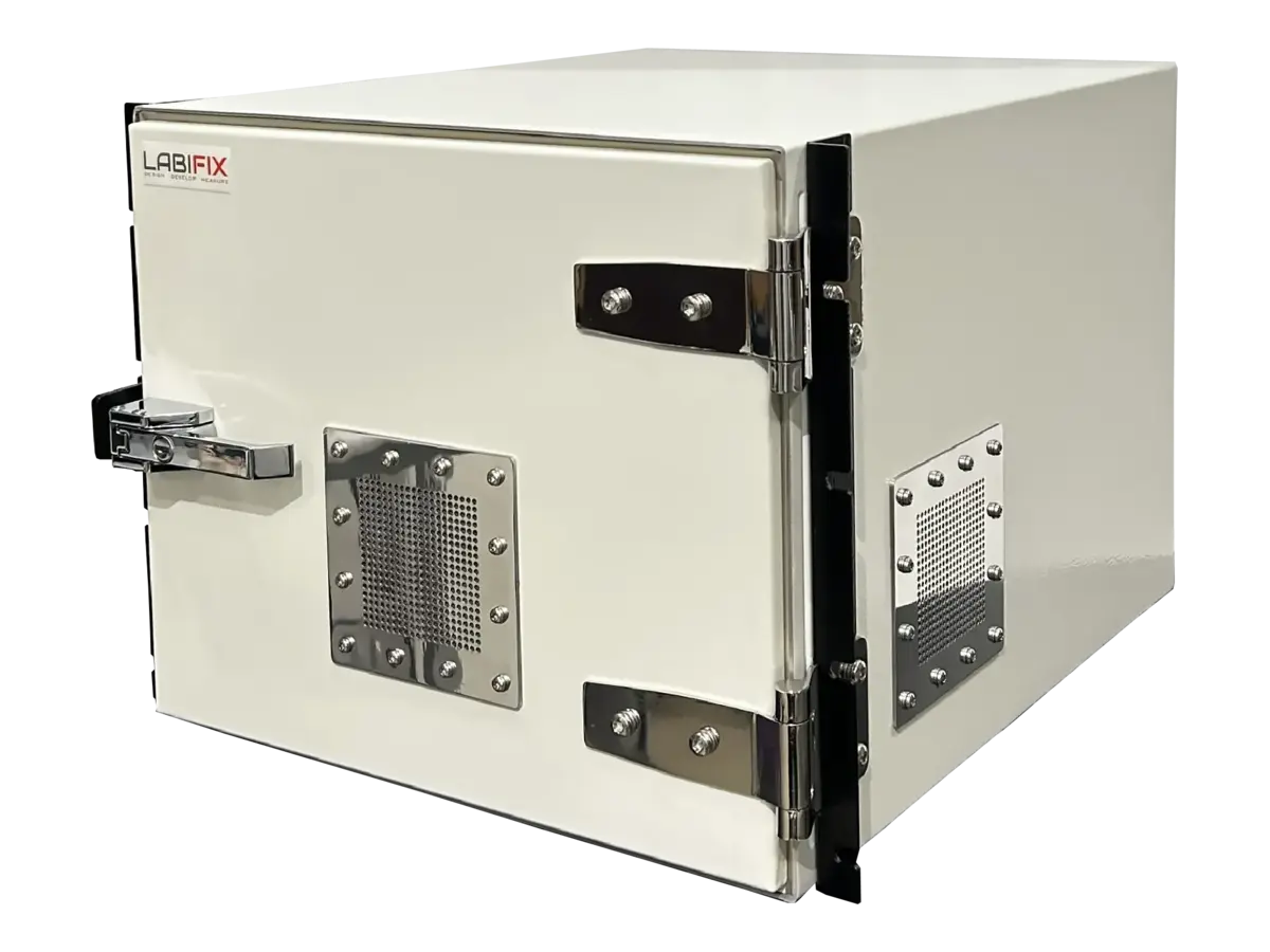 front-left view of LBX4012 rackmount rf shield rack in distributed test system