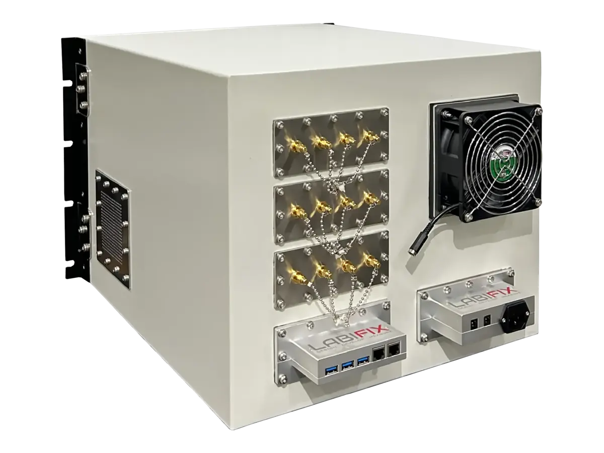rear view of LBX4012 rackmount rf shield rack with integrated rf and control systems