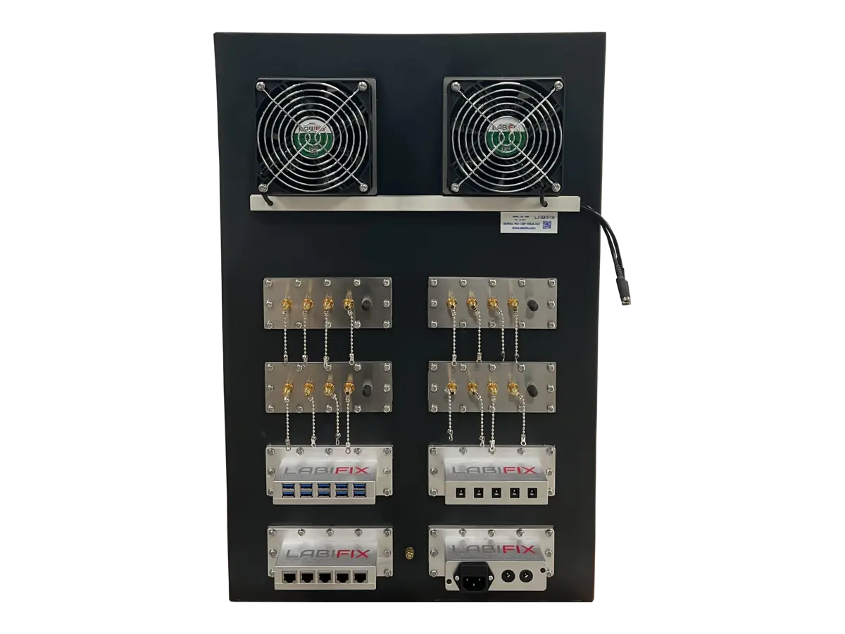 rear view of LBX4100 rackmount rf shield rack with rf interfaces and control integration