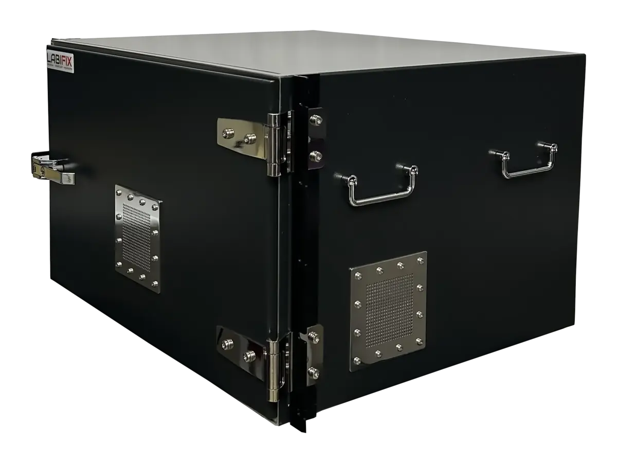 front-left view of LBX5350 rackmount rf shield rack for antenna performance testing