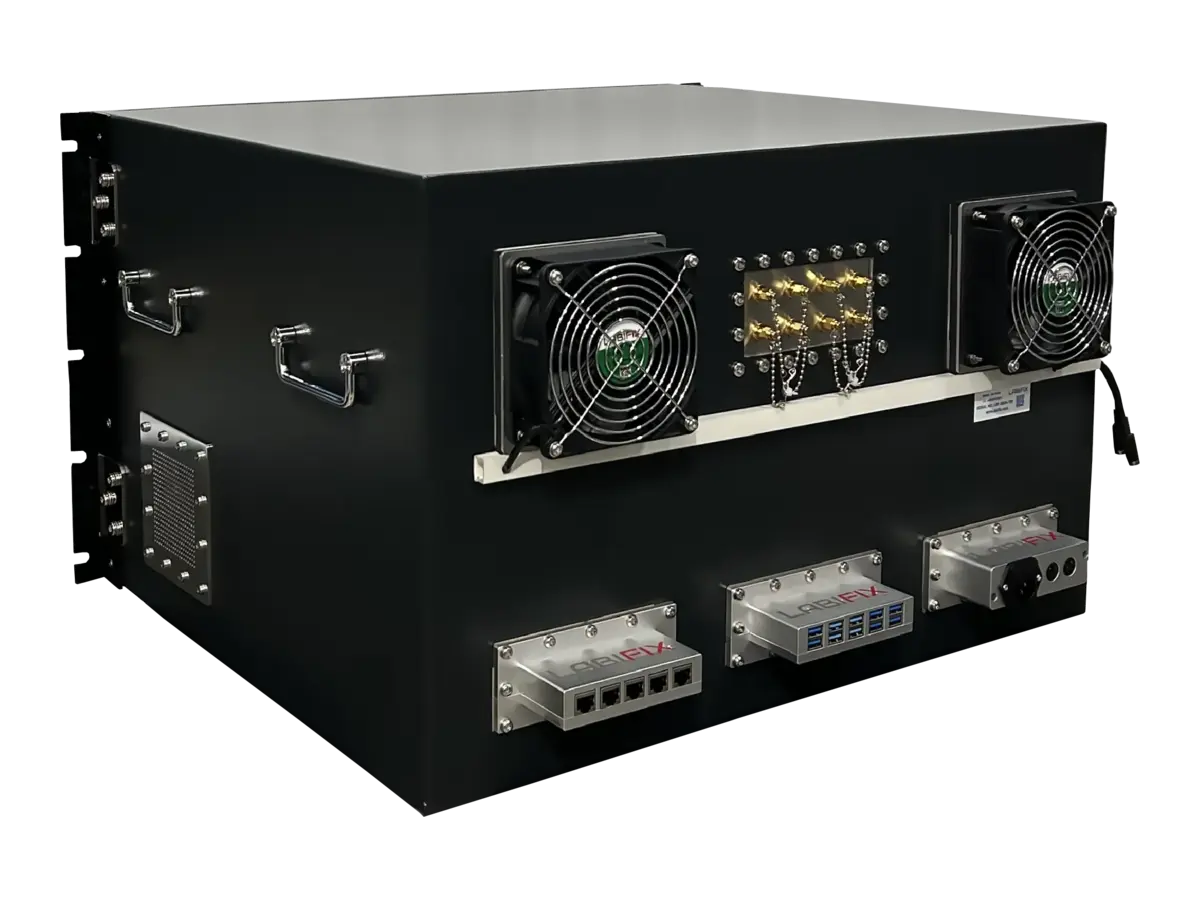 rear view of LBX5350 rackmount rf shield rack with rf ports and control interfaces