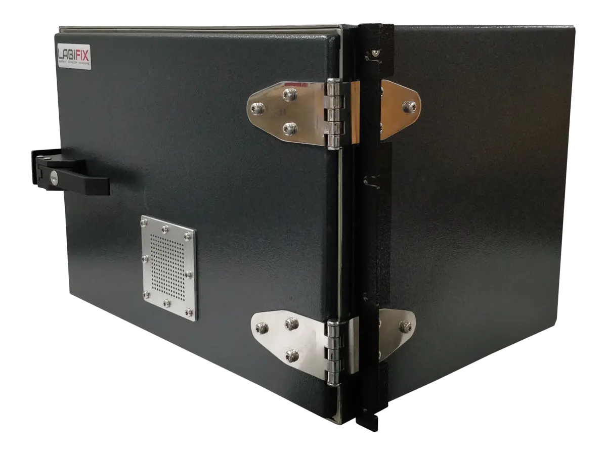 front-left view of LBXRM1000 rackmount rf shielded cabinet integrated in test rack