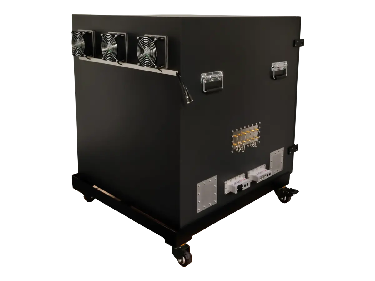 rear-right view of LBX9100 standalone RF shielded chamber for energy defense and industrial communications systems