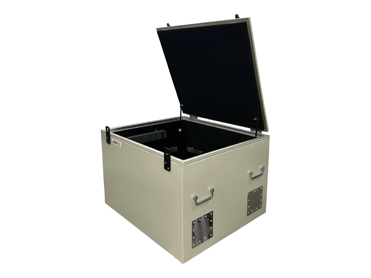 front-left view of LBX3400 benchtop rf shielded enclosure for antenna testing