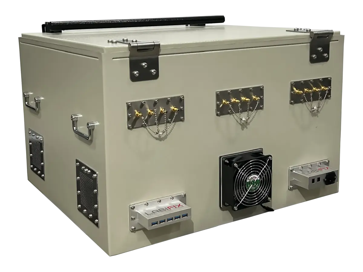 rear view of LBX3400 benchtop rf enclosure with rf connectors and control interfaces