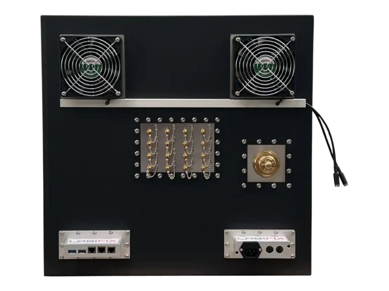 rear view of LBX6250 benchtop rf shield enclosure with integrated rf interfaces and instrumentation